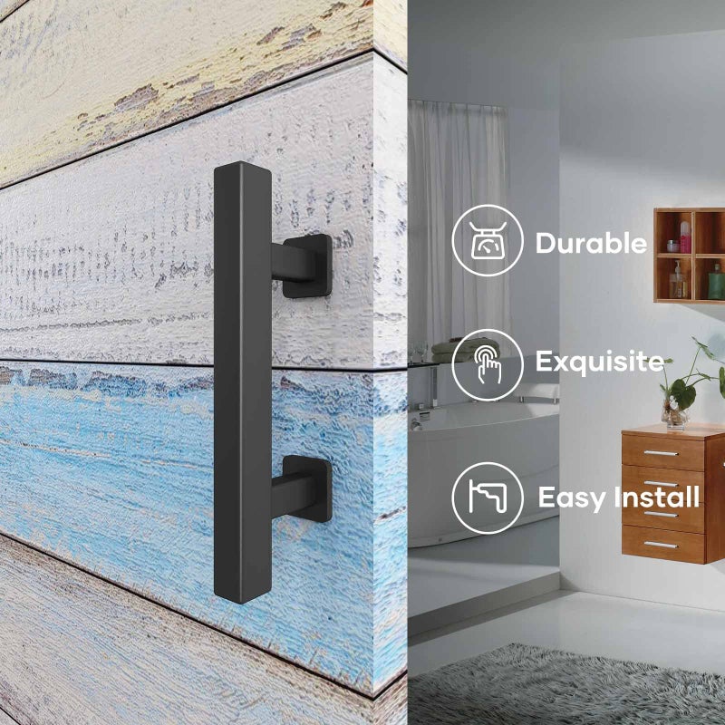 EaseLife 10" Sliding Barn Door Pull Handle with Flush Hardware Set, Double Sided, Heavy Duty, Square, Matte Black Powder Coated Finish, Easy Install - Image 2